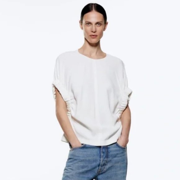 ZARA White Ruched Cocoon Sleeve Blouse - Picture 2 of 7
